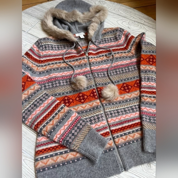 NWOT Boston Proper Argyle Fur Trim Full Zip Lamb's Wool Sweater Sz large - Picture 3 of 7